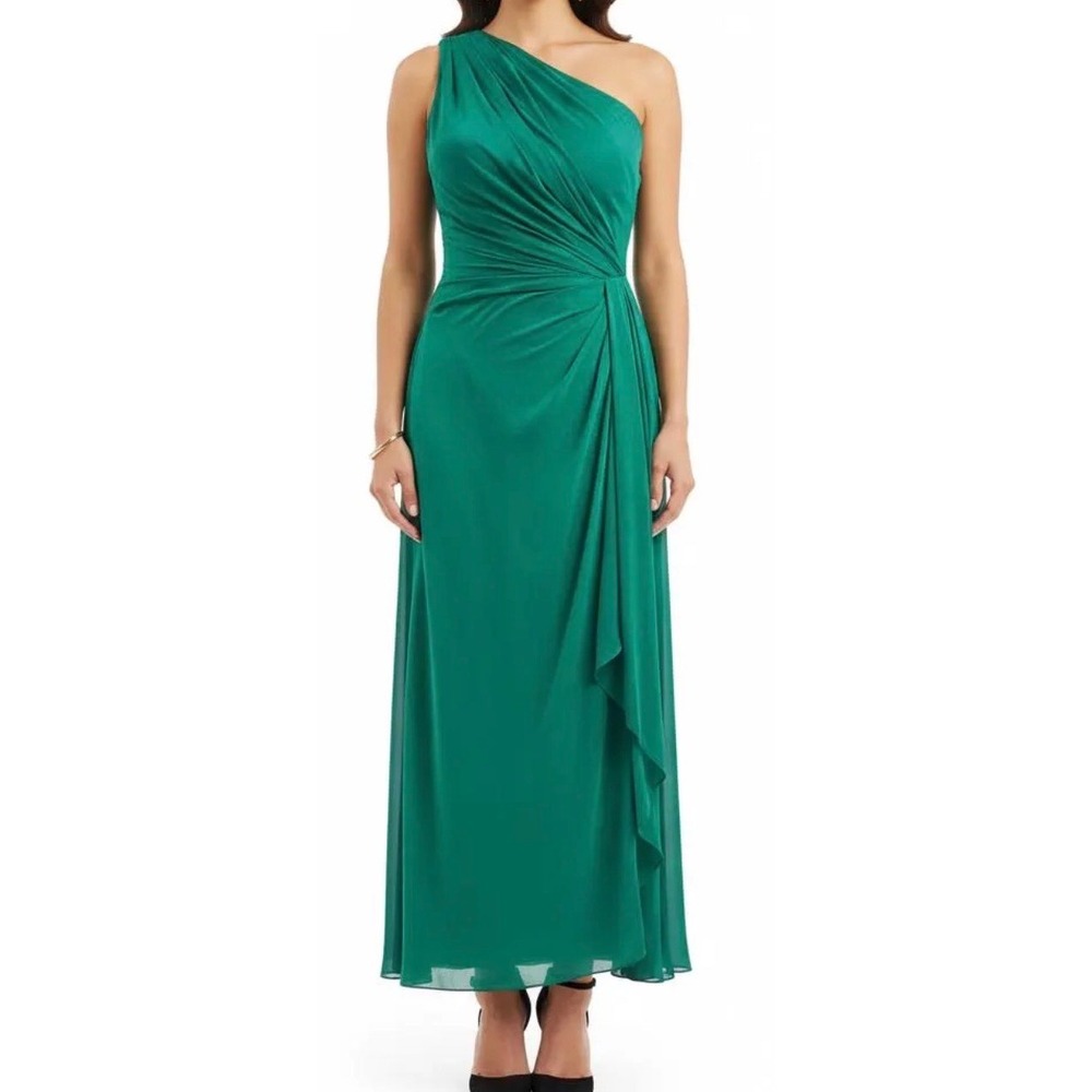 Lauren Ralph Lauren Evening Emerald Green Crepe Ruched One-Shoulder Formal Gown4
